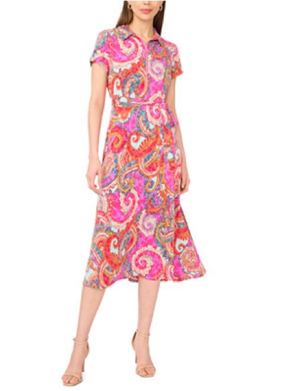 MSK Pink Orange Paisley Collared Tie-Waist Midi Dress
